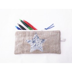 Trousse en lin argenté et étoile bleue Liberty - Trousse crayons ou maquillage