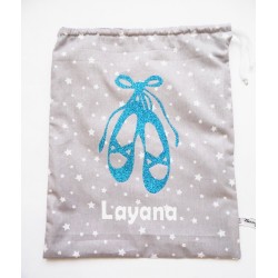 Sac pour chaussons, doudou maternelle avec prénom " Ballerines étoiles"