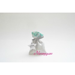 Pochon pour dragées en lin lamé & liberty capel turquoise baptême, mariage