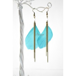 Boucles d'oreille plume bleue turquoise et perles Swarovski