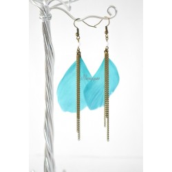 Boucles d'oreille plume bleue turquoise et perles Swarovski