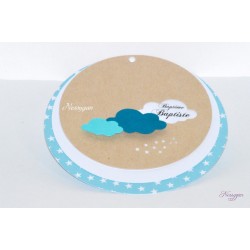 Faire-part rond bleu étoiles et nuages pour baptême, naissance