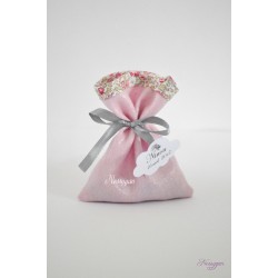 Pochon pour dragées en lin lamé rose & Liberty Éloïse rose