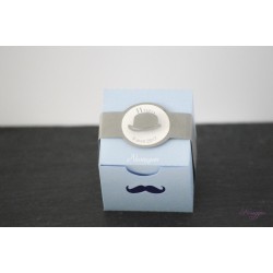 Boîte à dragées bleue "Mr Moustache à mis son chapeau "