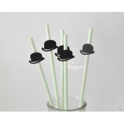 Pailles x6 chevrons vert d'eau et chapeau melon