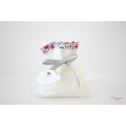 Pochon pour dragées lin blanc & liberty wiltshire bougainvilliers