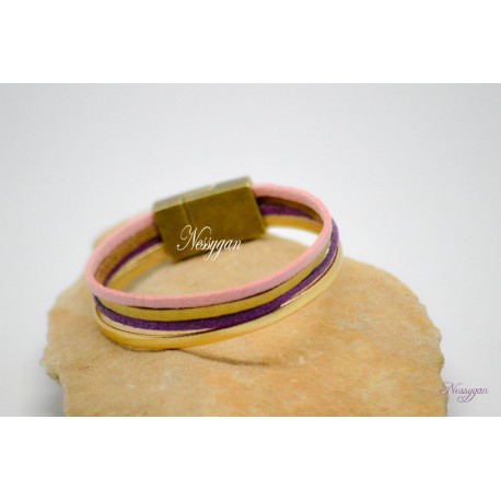 Bracelet cuir or et suédine rose pailleté