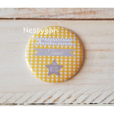 Magnet thème étoile jaune et gris " Mon baptême"