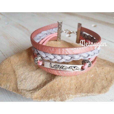 Bracelet cuir rose & suédine gris pailleté