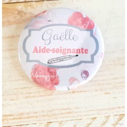 Badge flamant rose personnalisé rond infirmière, aide-soignante