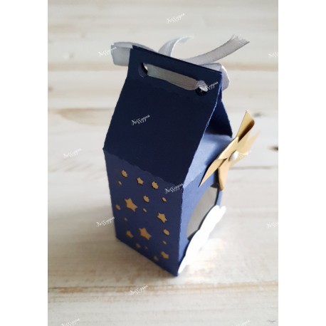 Boîte pour dragées bleue étoiles or et moulin à vent
