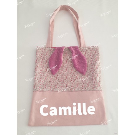 Sac à chausson, doudou Lapin Liberty Eloise rose personnalisé par un prénom