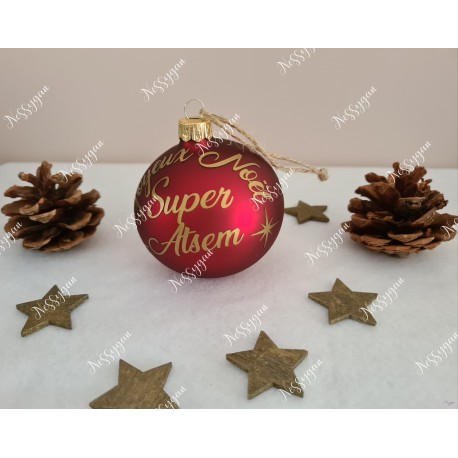 Boule de Noël rouge et or en verre personnalisée super Atsem