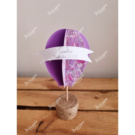 Boîte pour dragées montgolfière liberty fleurs violettes baptême