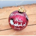 Boule de Noël rouge en verre personnalisée traîneau du père Noël