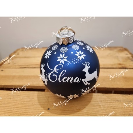 Boule de Noël en verre bleue personnalisée avec des rennes