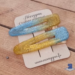 Barrettes x2 bleu et jaune pailletée