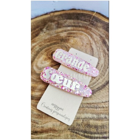 Barrette résine “Grande sœur” Paillettes roses et dorées