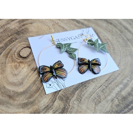 Boucles d’oreilles Papillon & Feuilles – bijou nature fait main en polymère et acier inoxydable doré